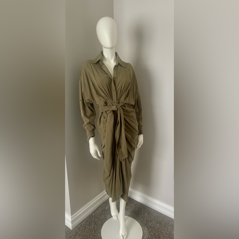 Elegant Long Sleeve Olive Green Shirt Dress with Button Detail